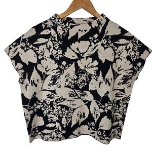 Joie‎ Black Tan Floral Knit Mock Neck Cap Sleeve Top Sweater Women's M